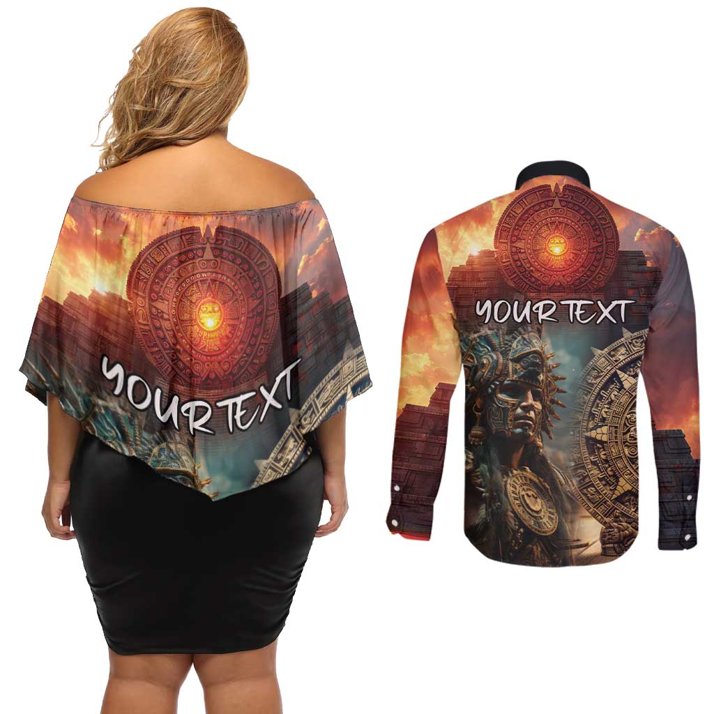 Personalized Mexican Aztec Warriors Couples Matching Off Shoulder Short Dress and Long Sleeve Button Shirt - Wonder Print Shop