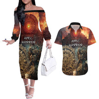 Personalized Mexican Aztec Warriors Couples Matching Off The Shoulder Long Sleeve Dress and Hawaiian Shirt - Wonder Print Shop