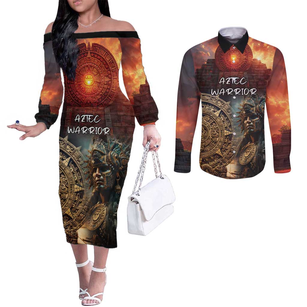 Personalized Mexican Aztec Warriors Couples Matching Off The Shoulder Long Sleeve Dress and Long Sleeve Button Shirt