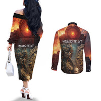 Personalized Mexican Aztec Warriors Couples Matching Off The Shoulder Long Sleeve Dress and Long Sleeve Button Shirt