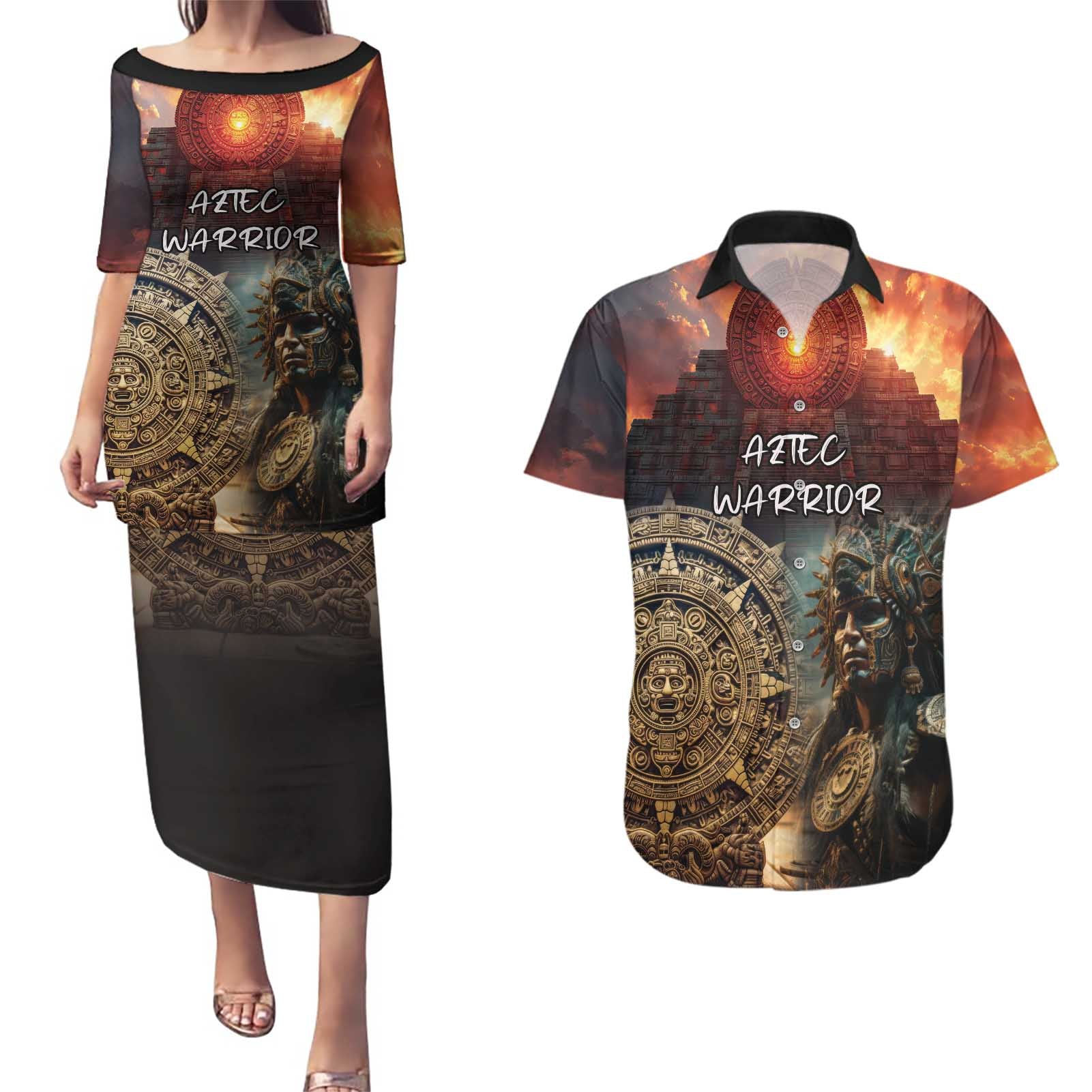 Personalized Mexican Aztec Warriors Couples Matching Puletasi and Hawaiian Shirt - Wonder Print Shop