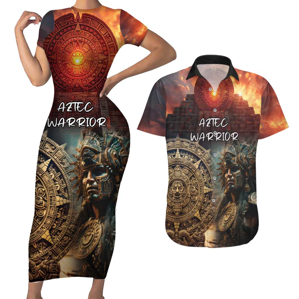 Personalized Mexican Aztec Warriors Couples Matching Short Sleeve Bodycon Dress and Hawaiian Shirt - Wonder Print Shop