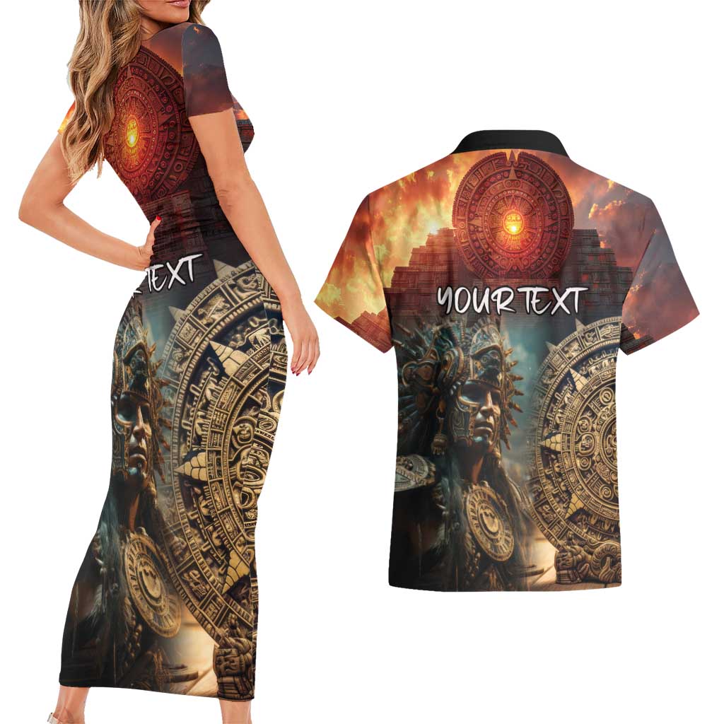 Personalized Mexican Aztec Warriors Couples Matching Short Sleeve Bodycon Dress and Hawaiian Shirt - Wonder Print Shop
