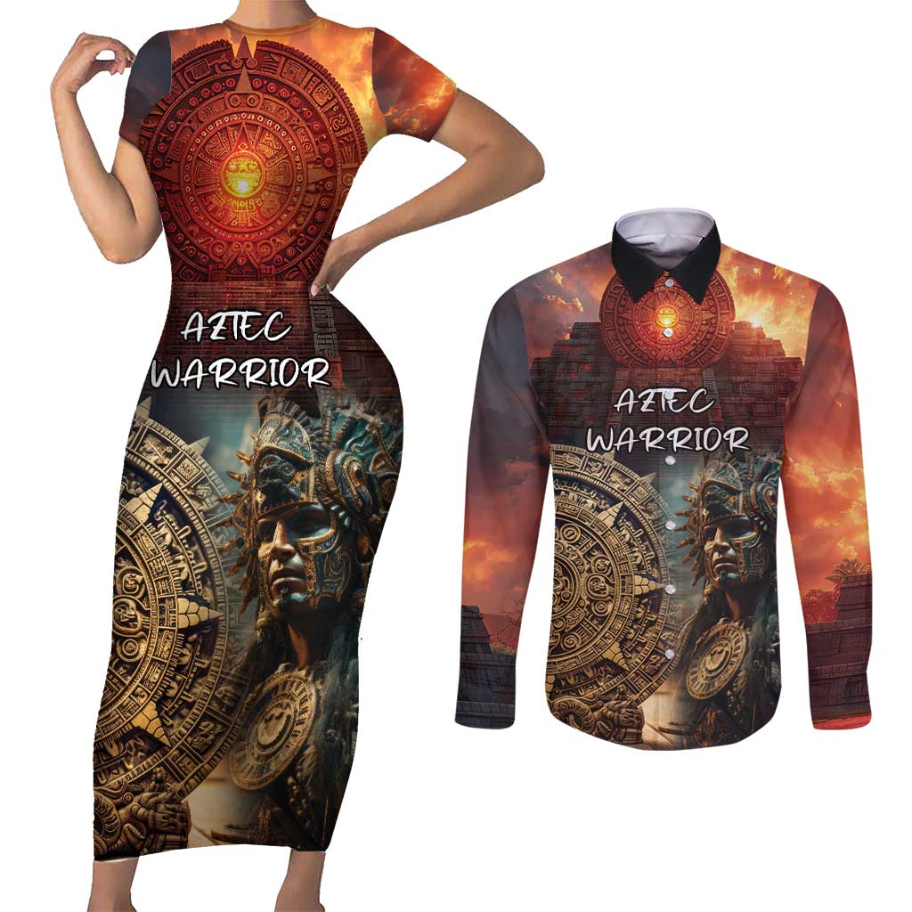 Personalized Mexican Aztec Warriors Couples Matching Short Sleeve Bodycon Dress and Long Sleeve Button Shirt - Wonder Print Shop