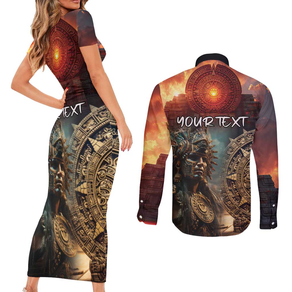 Personalized Mexican Aztec Warriors Couples Matching Short Sleeve Bodycon Dress and Long Sleeve Button Shirt - Wonder Print Shop