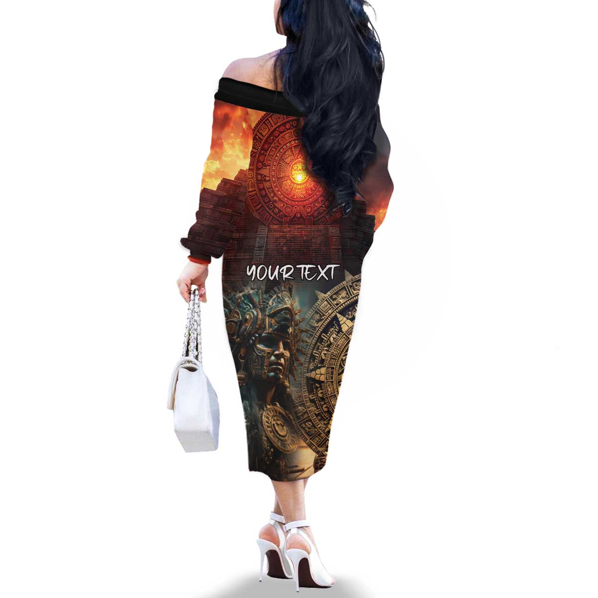 Personalized Mexican Aztec Warriors Family Matching Off The Shoulder Long Sleeve Dress and Hawaiian Shirt - Wonder Print Shop