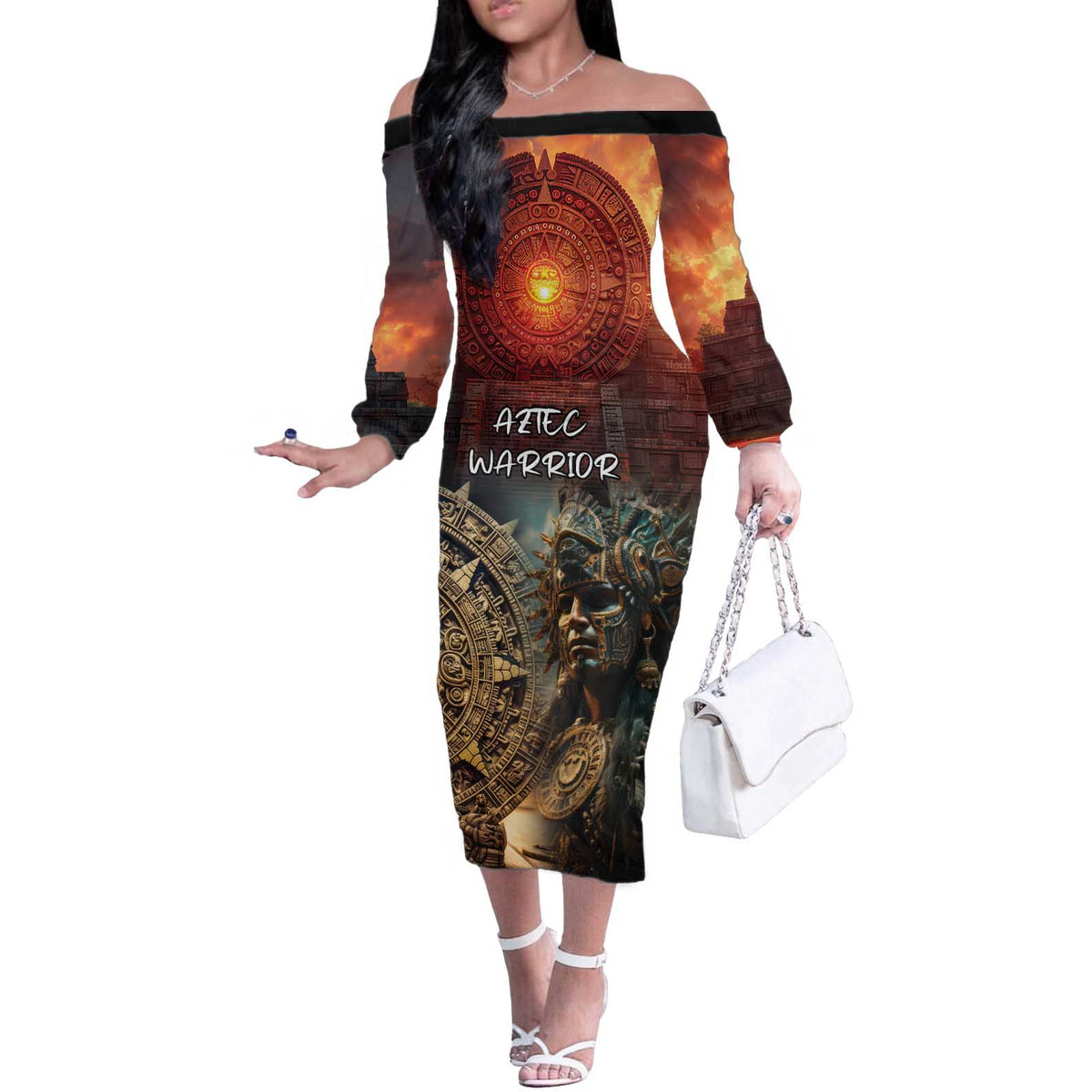 Personalized Mexican Aztec Warriors Off The Shoulder Long Sleeve Dress - Wonder Print Shop