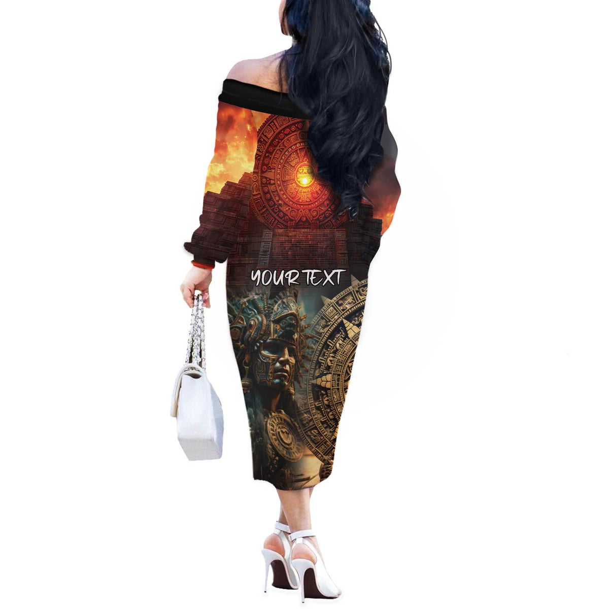 Personalized Mexican Aztec Warriors Off The Shoulder Long Sleeve Dress - Wonder Print Shop