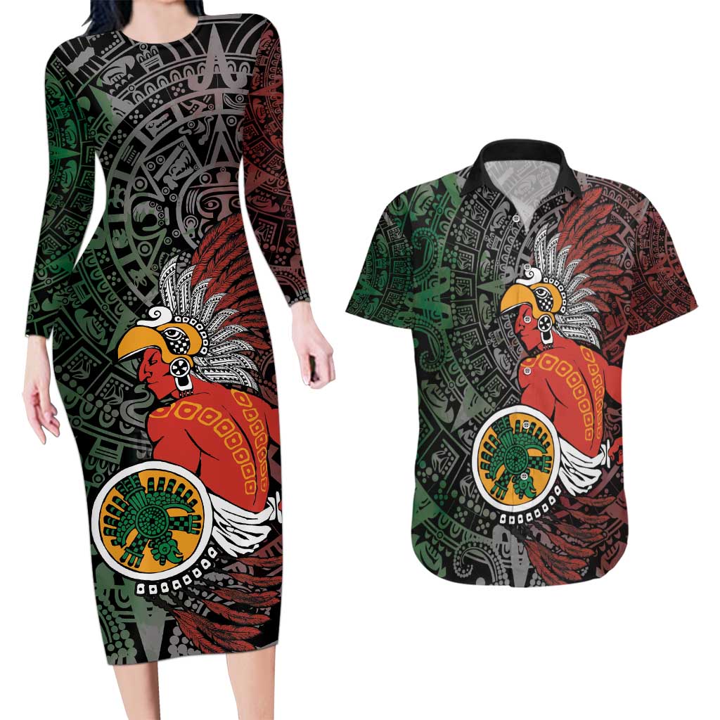 Personalized Mexican Tribal Aztec Warriors Couples Matching Long Sleeve Bodycon Dress and Hawaiian Shirt Aztec Sun God - Wonder Print Shop