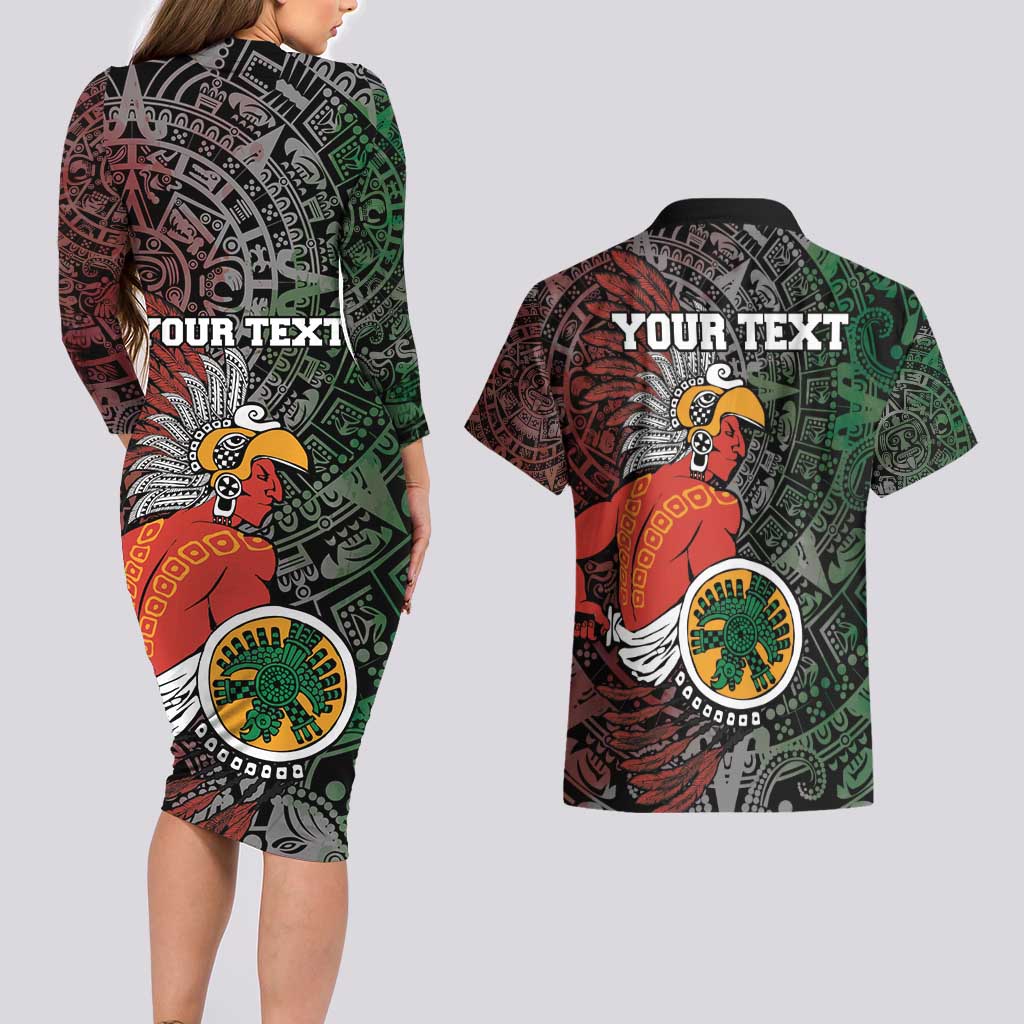 Personalized Mexican Tribal Aztec Warriors Couples Matching Long Sleeve Bodycon Dress and Hawaiian Shirt Aztec Sun God - Wonder Print Shop