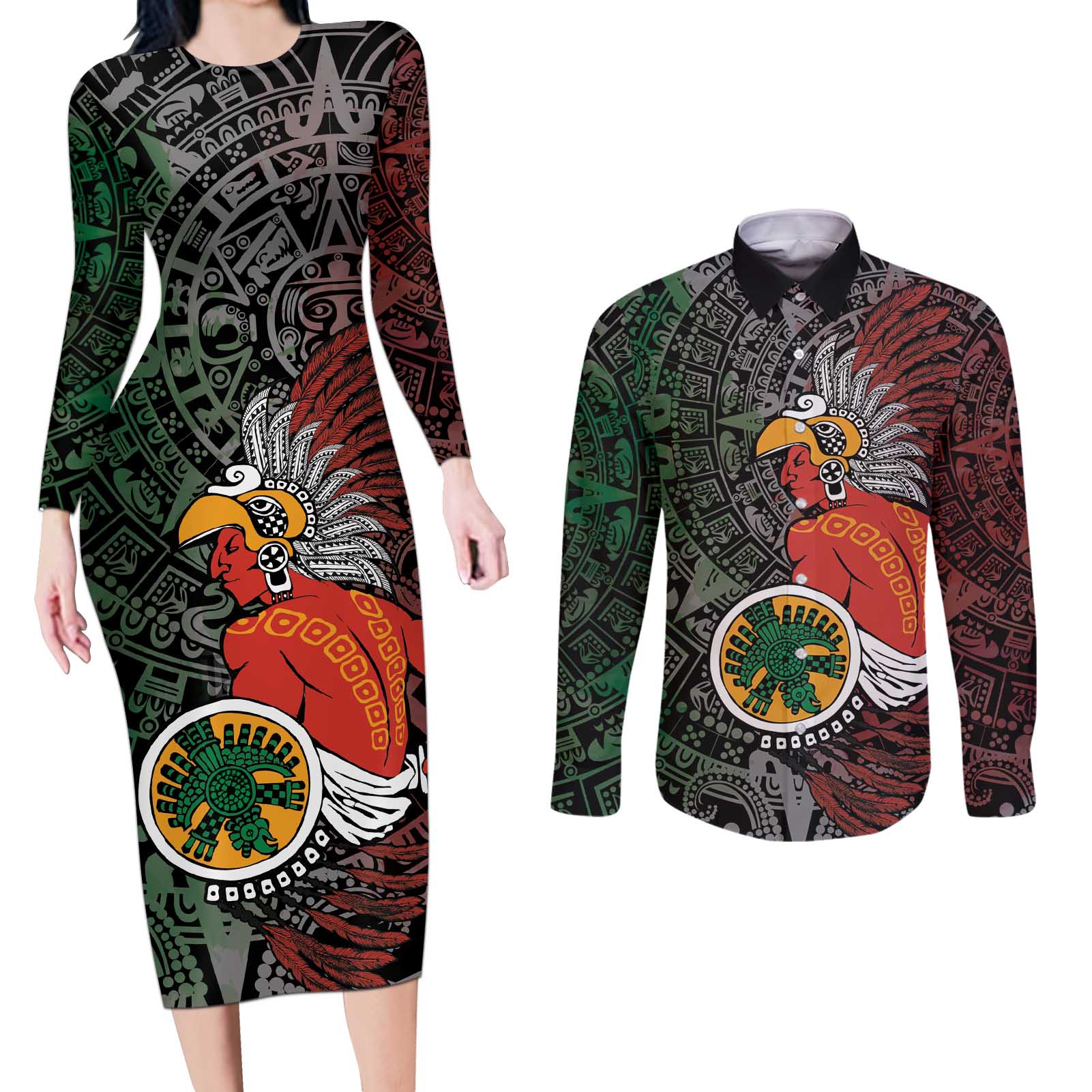 Personalized Mexican Tribal Aztec Warriors Couples Matching Long Sleeve Bodycon Dress and Long Sleeve Button Shirt Aztec Sun God - Wonder Print Shop