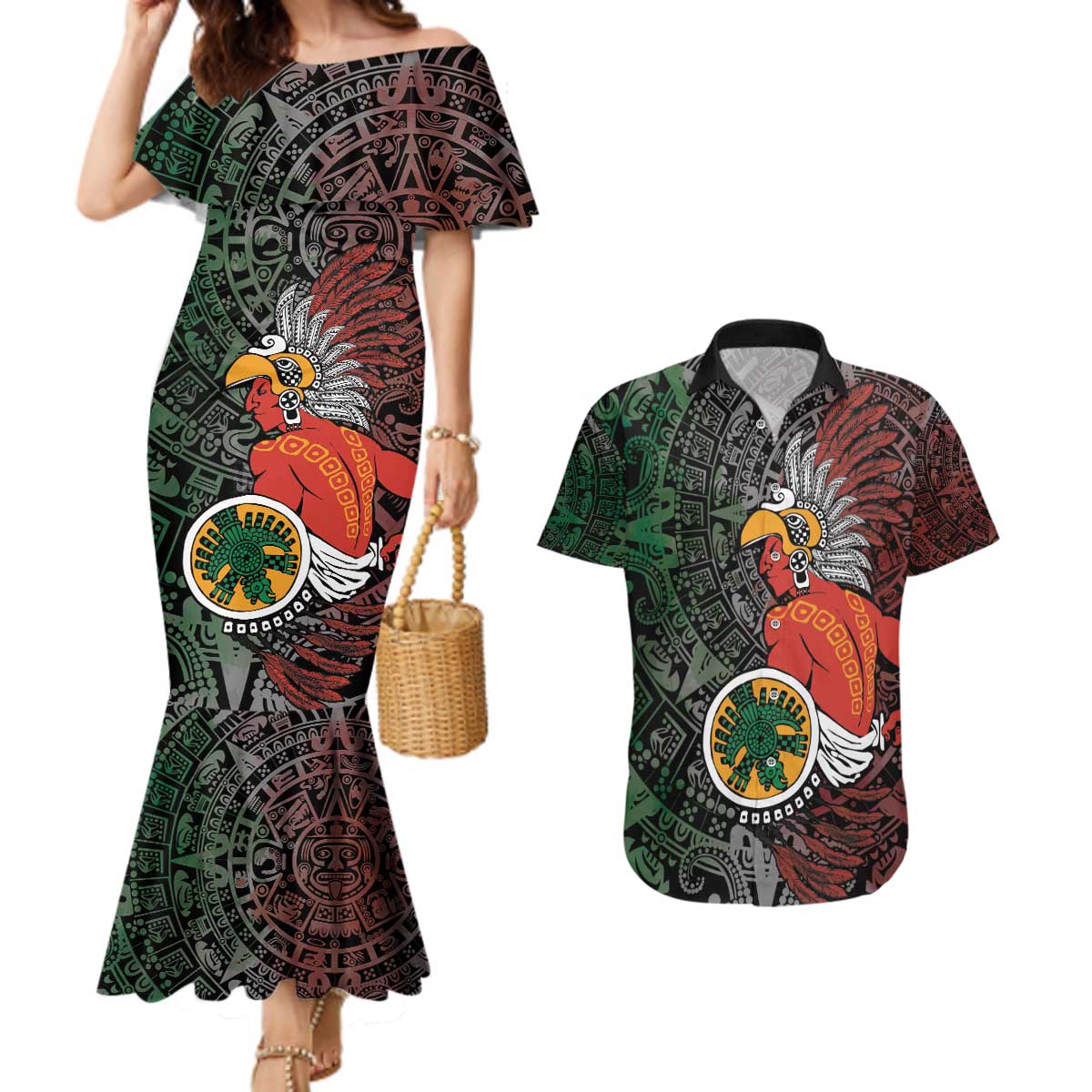 Personalized Mexican Tribal Aztec Warriors Couples Matching Mermaid Dress and Hawaiian Shirt Aztec Sun God - Wonder Print Shop