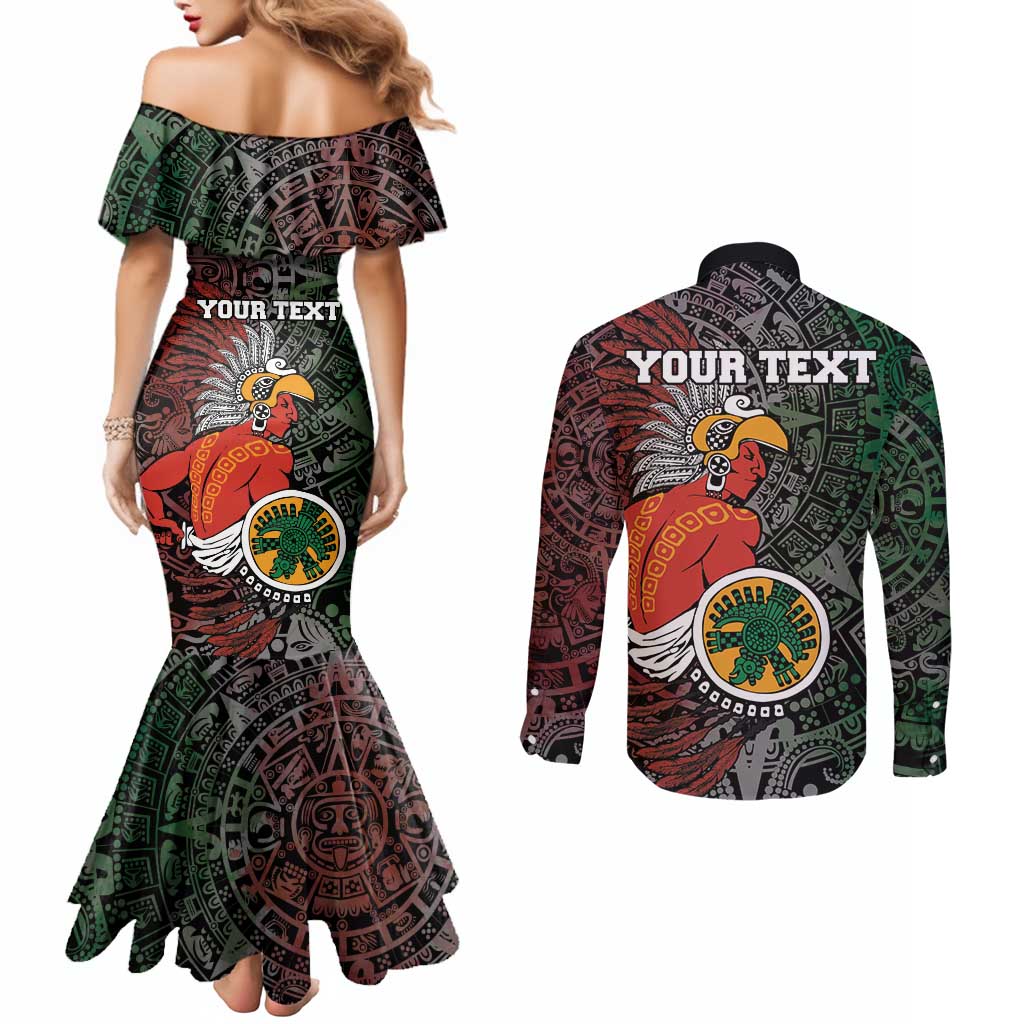 Personalized Mexican Tribal Aztec Warriors Couples Matching Mermaid Dress and Long Sleeve Button Shirt Aztec Sun God