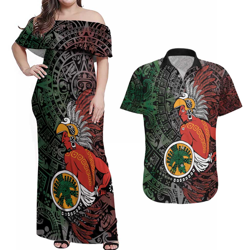 Personalized Mexican Tribal Aztec Warriors Couples Matching Off Shoulder Maxi Dress and Hawaiian Shirt Aztec Sun God - Wonder Print Shop