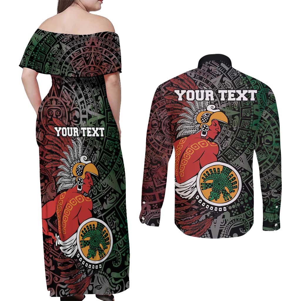 Personalized Mexican Tribal Aztec Warriors Couples Matching Off Shoulder Maxi Dress and Long Sleeve Button Shirt Aztec Sun God - Wonder Print Shop