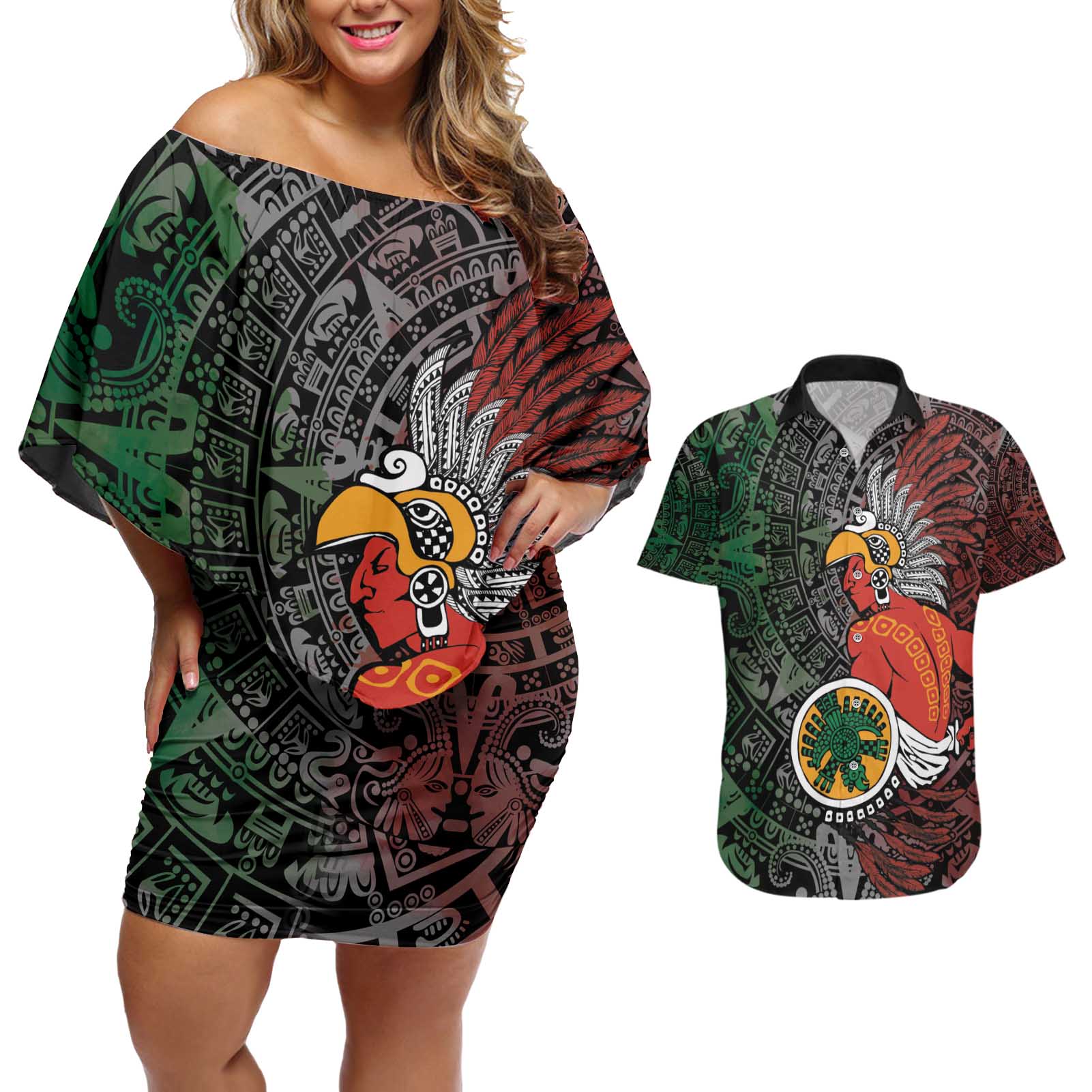 Personalized Mexican Tribal Aztec Warriors Couples Matching Off Shoulder Short Dress and Hawaiian Shirt Aztec Sun God - Wonder Print Shop