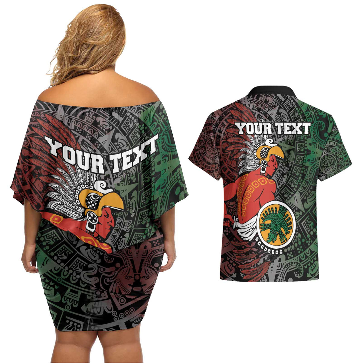Personalized Mexican Tribal Aztec Warriors Couples Matching Off Shoulder Short Dress and Hawaiian Shirt Aztec Sun God - Wonder Print Shop