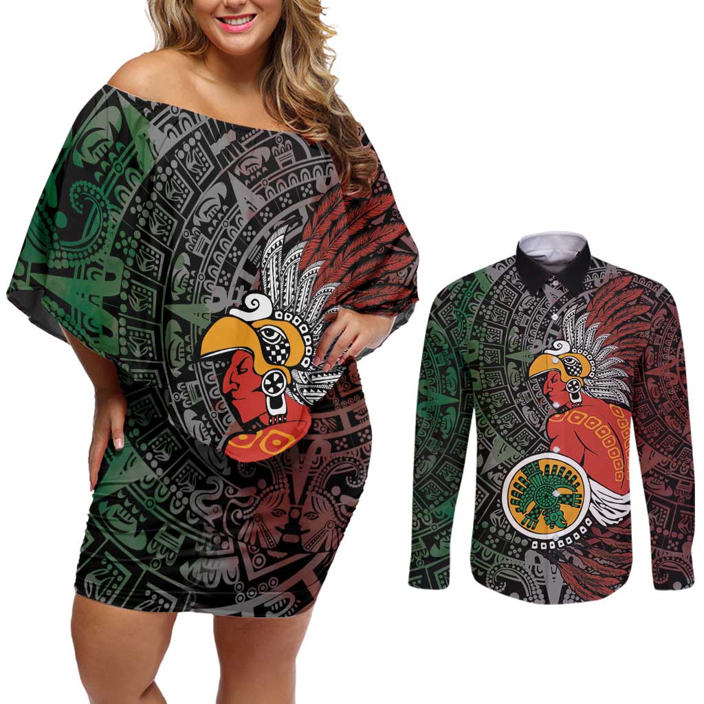 Personalized Mexican Tribal Aztec Warriors Couples Matching Off Shoulder Short Dress and Long Sleeve Button Shirt Aztec Sun God - Wonder Print Shop