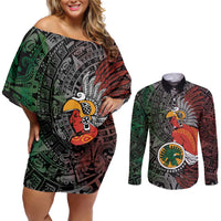Personalized Mexican Tribal Aztec Warriors Couples Matching Off Shoulder Short Dress and Long Sleeve Button Shirt Aztec Sun God - Wonder Print Shop