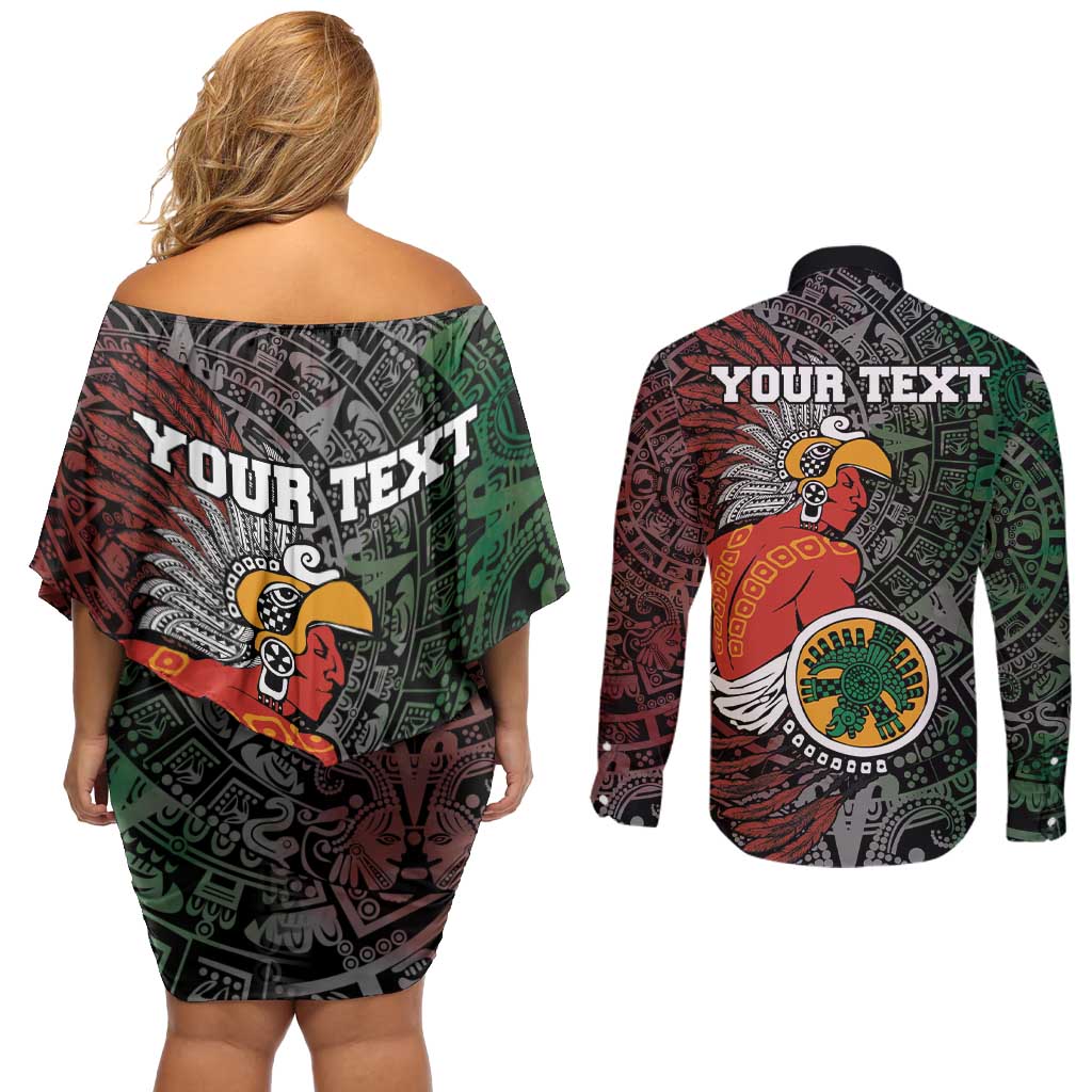 Personalized Mexican Tribal Aztec Warriors Couples Matching Off Shoulder Short Dress and Long Sleeve Button Shirt Aztec Sun God - Wonder Print Shop