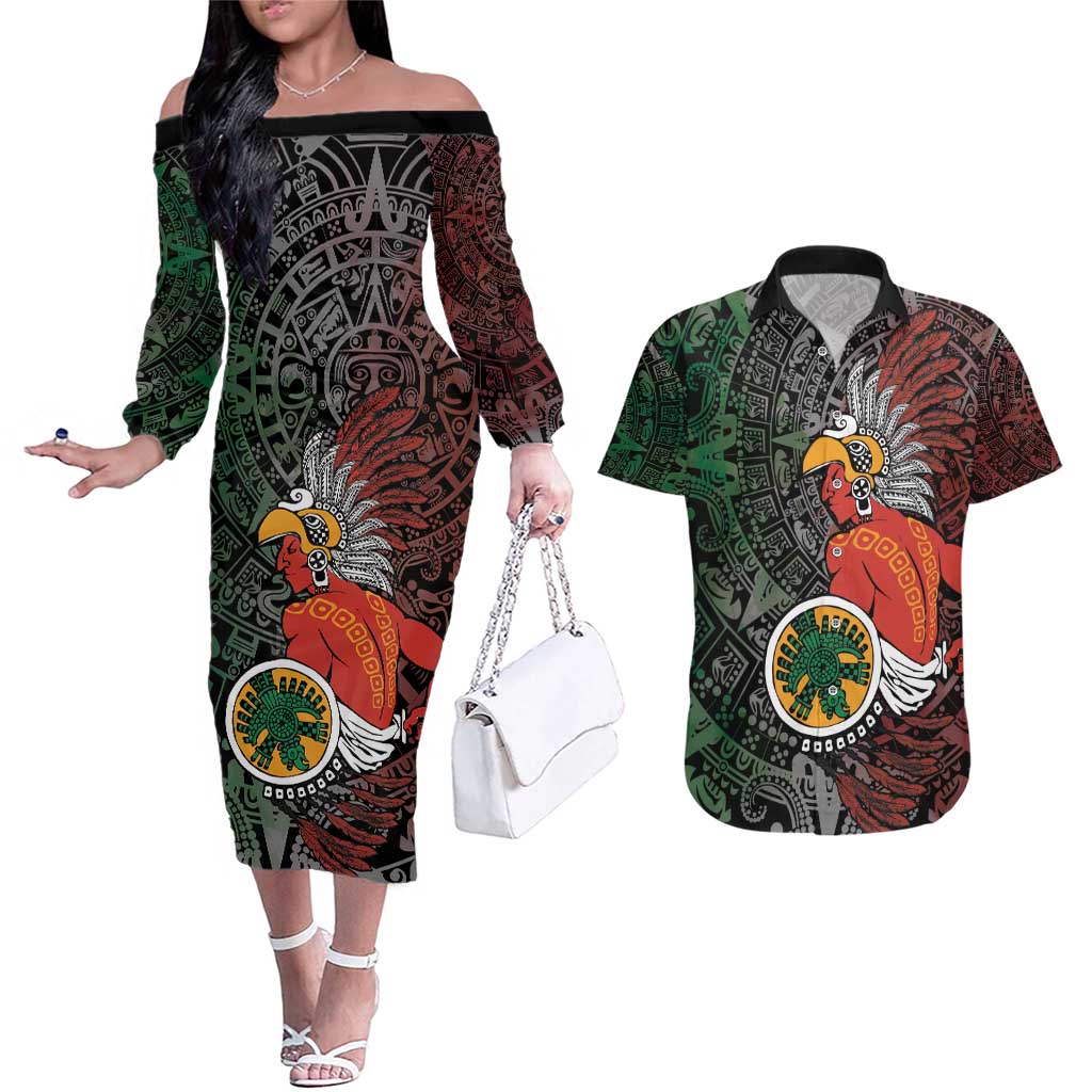 Personalized Mexican Tribal Aztec Warriors Couples Matching Off The Shoulder Long Sleeve Dress and Hawaiian Shirt Aztec Sun God - Wonder Print Shop