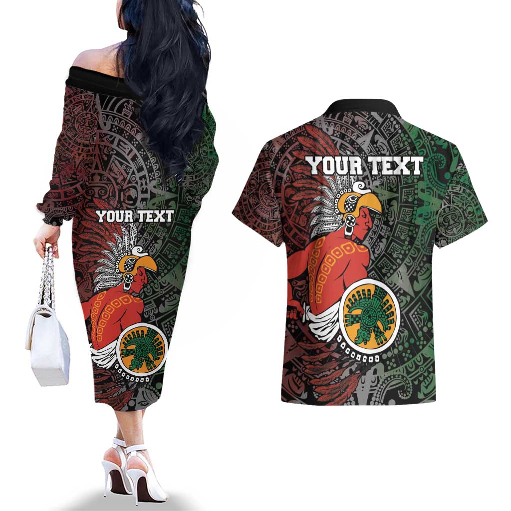 Personalized Mexican Tribal Aztec Warriors Couples Matching Off The Shoulder Long Sleeve Dress and Hawaiian Shirt Aztec Sun God - Wonder Print Shop