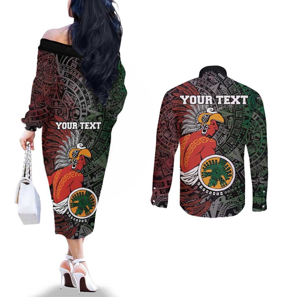 Personalized Mexican Tribal Aztec Warriors Couples Matching Off The Shoulder Long Sleeve Dress and Long Sleeve Button Shirt Aztec Sun God