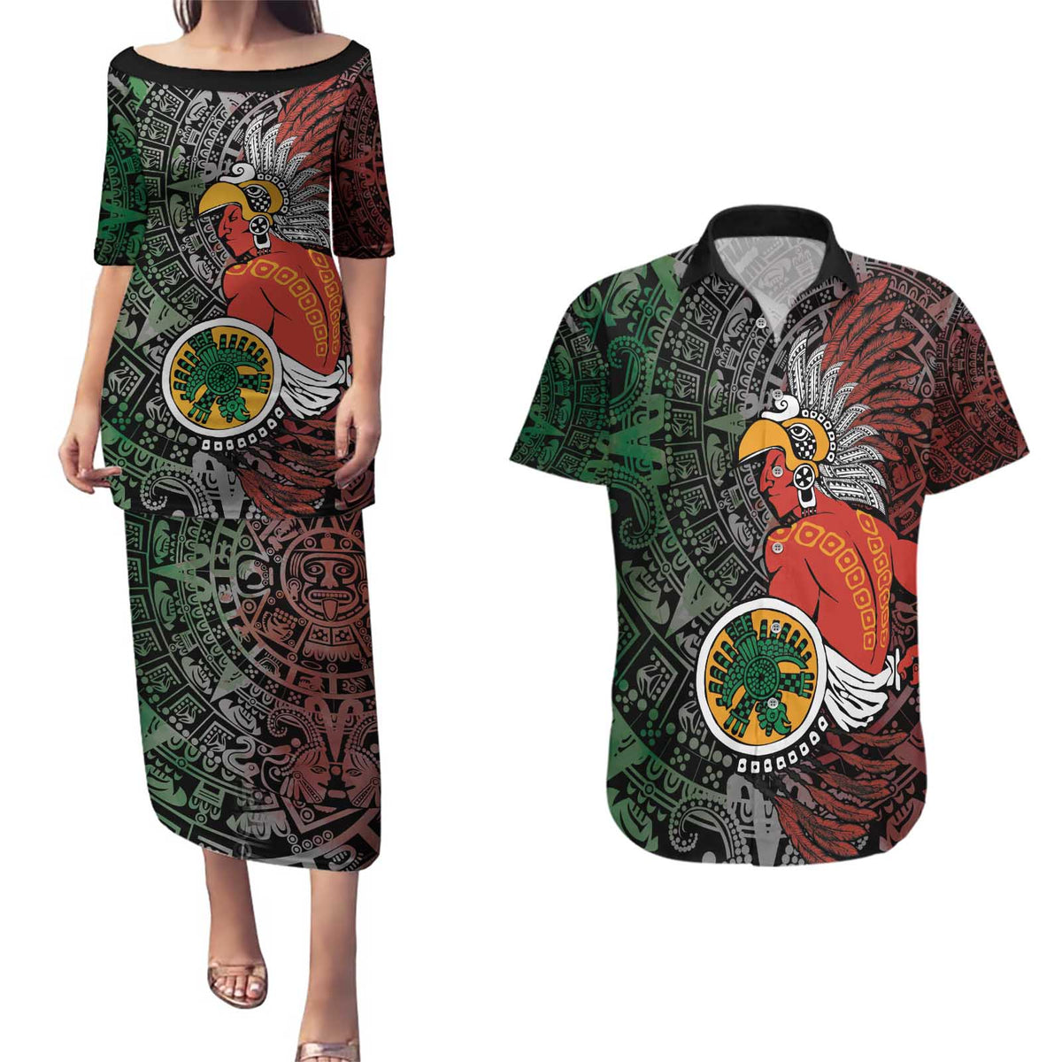 Personalized Mexican Tribal Aztec Warriors Couples Matching Puletasi and Hawaiian Shirt Aztec Sun God - Wonder Print Shop