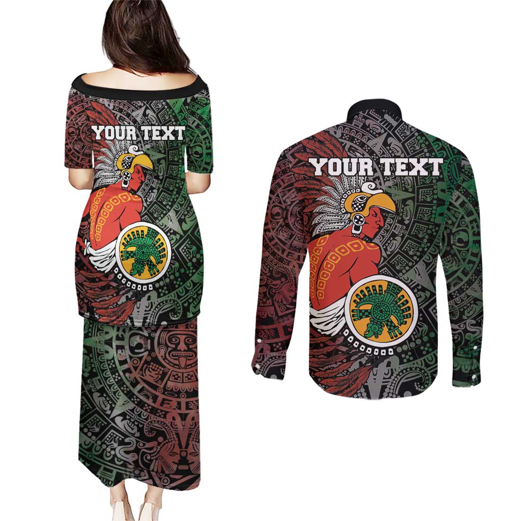 Personalized Mexican Tribal Aztec Warriors Couples Matching Puletasi and Long Sleeve Button Shirt Aztec Sun God - Wonder Print Shop