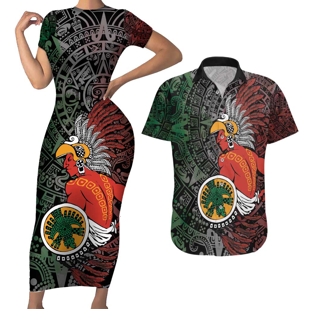 Personalized Mexican Tribal Aztec Warriors Couples Matching Short Sleeve Bodycon Dress and Hawaiian Shirt Aztec Sun God - Wonder Print Shop