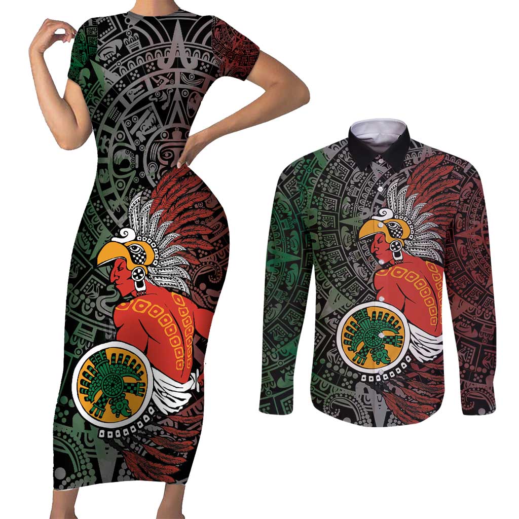 Personalized Mexican Tribal Aztec Warriors Couples Matching Short Sleeve Bodycon Dress and Long Sleeve Button Shirt Aztec Sun God - Wonder Print Shop