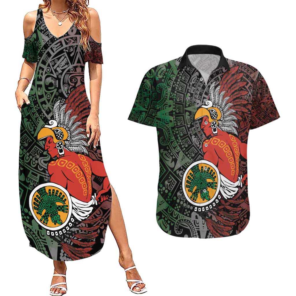 Personalized Mexican Tribal Aztec Warriors Couples Matching Summer Maxi Dress and Hawaiian Shirt Aztec Sun God - Wonder Print Shop