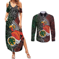 Personalized Mexican Tribal Aztec Warriors Couples Matching Summer Maxi Dress and Long Sleeve Button Shirt Aztec Sun God - Wonder Print Shop