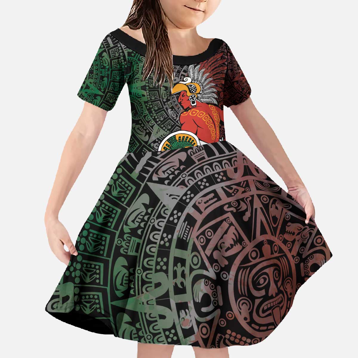 Personalized Mexican Tribal Aztec Warriors Family Matching Off The Shoulder Long Sleeve Dress and Hawaiian Shirt Aztec Sun God - Wonder Print Shop