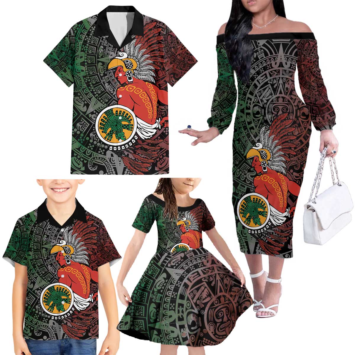 Personalized Mexican Tribal Aztec Warriors Family Matching Off The Shoulder Long Sleeve Dress and Hawaiian Shirt Aztec Sun God - Wonder Print Shop