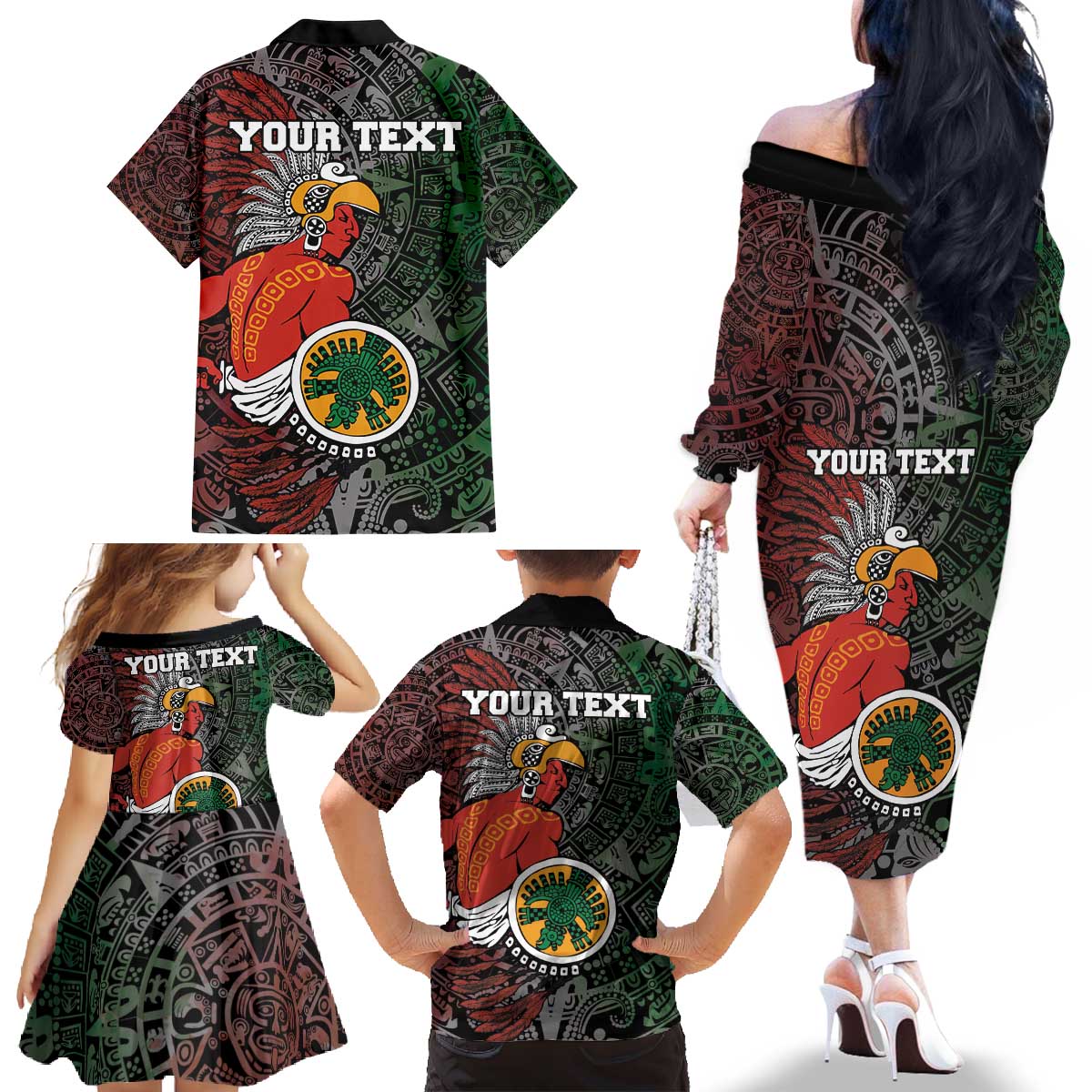Personalized Mexican Tribal Aztec Warriors Family Matching Off The Shoulder Long Sleeve Dress and Hawaiian Shirt Aztec Sun God - Wonder Print Shop