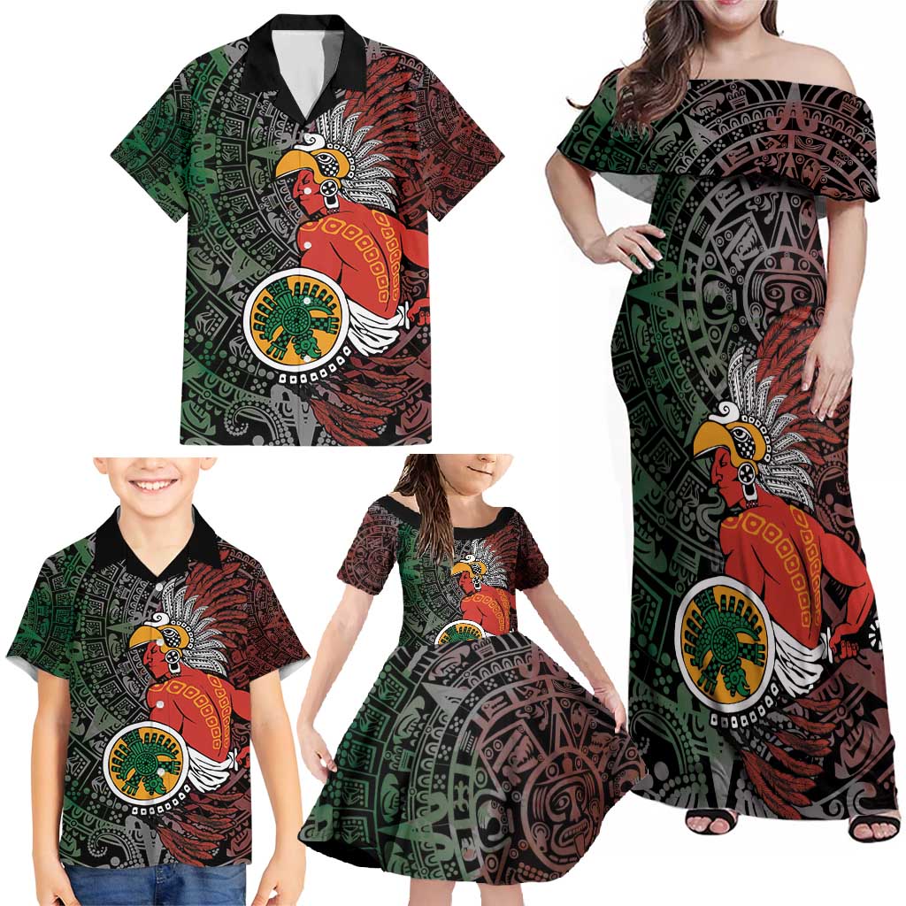Personalized Mexican Tribal Aztec Warriors Family Matching Off Shoulder Maxi Dress and Hawaiian Shirt Aztec Sun God - Wonder Print Shop