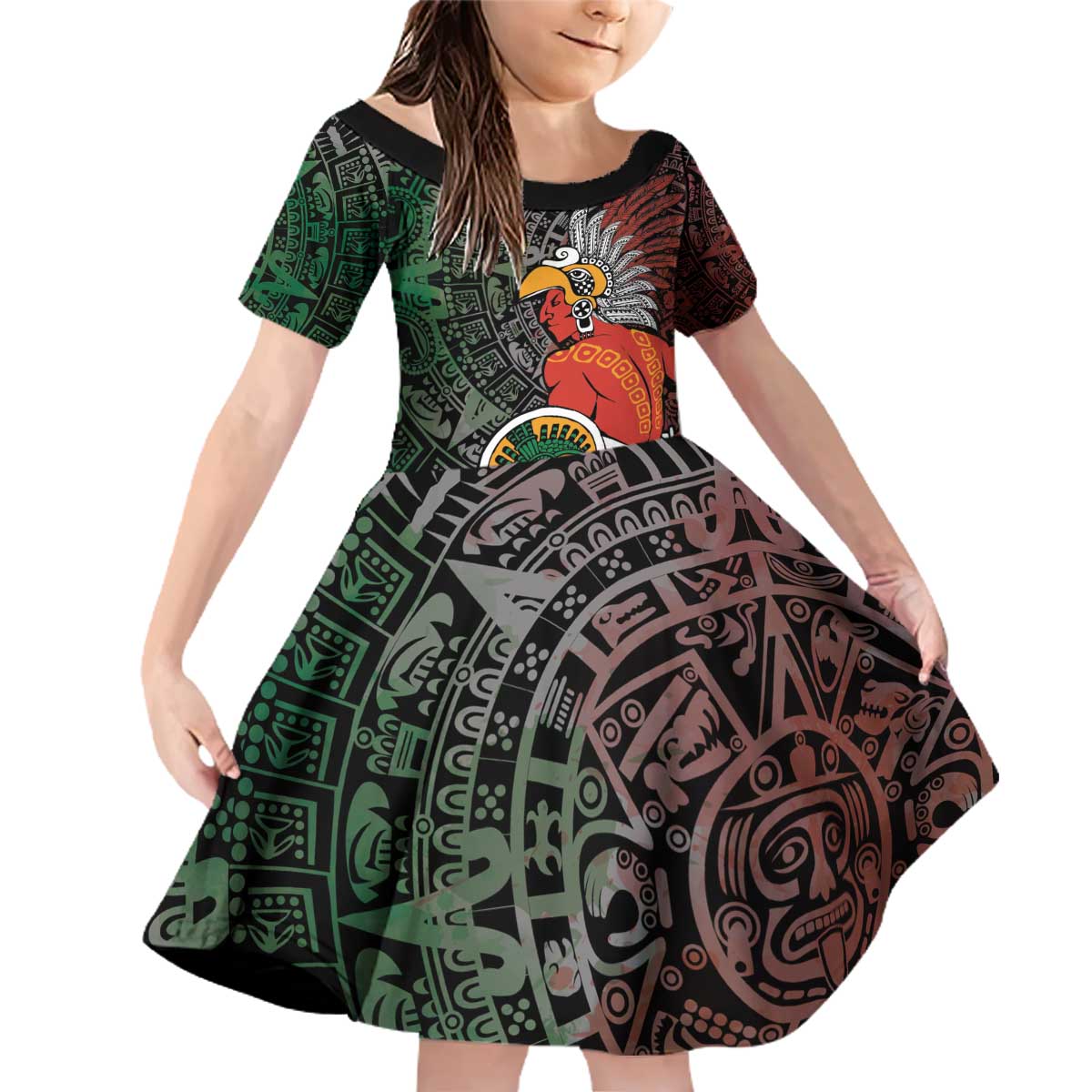 Personalized Mexican Tribal Aztec Warriors Family Matching Off Shoulder Short Dress and Hawaiian Shirt Aztec Sun God - Wonder Print Shop