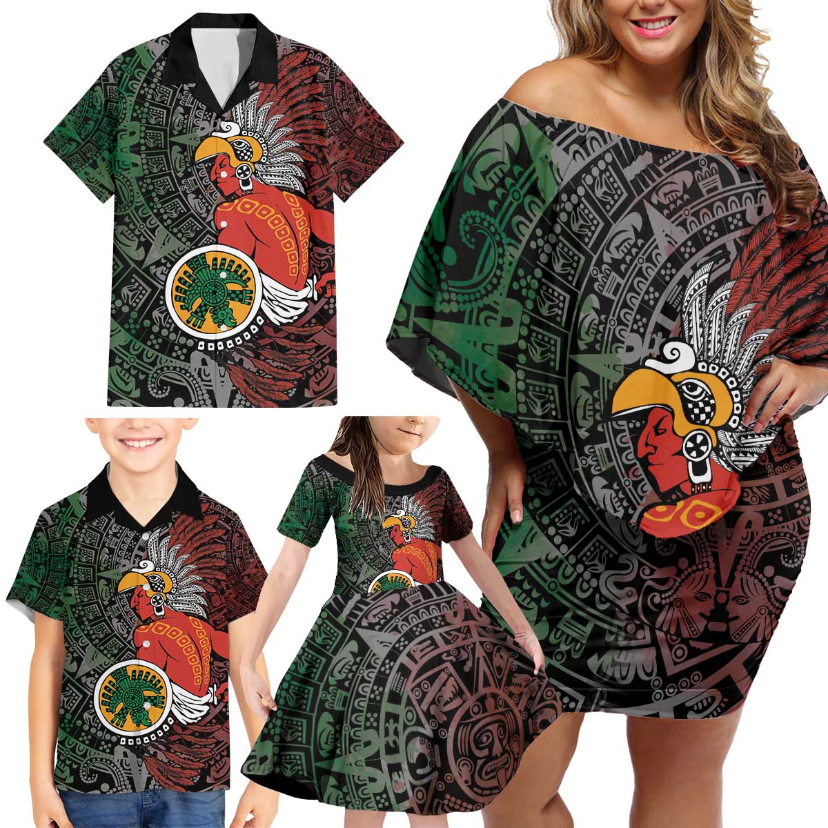 Personalized Mexican Tribal Aztec Warriors Family Matching Off Shoulder Short Dress and Hawaiian Shirt Aztec Sun God - Wonder Print Shop