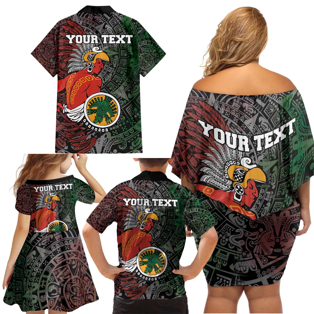 Personalized Mexican Tribal Aztec Warriors Family Matching Off Shoulder Short Dress and Hawaiian Shirt Aztec Sun God - Wonder Print Shop