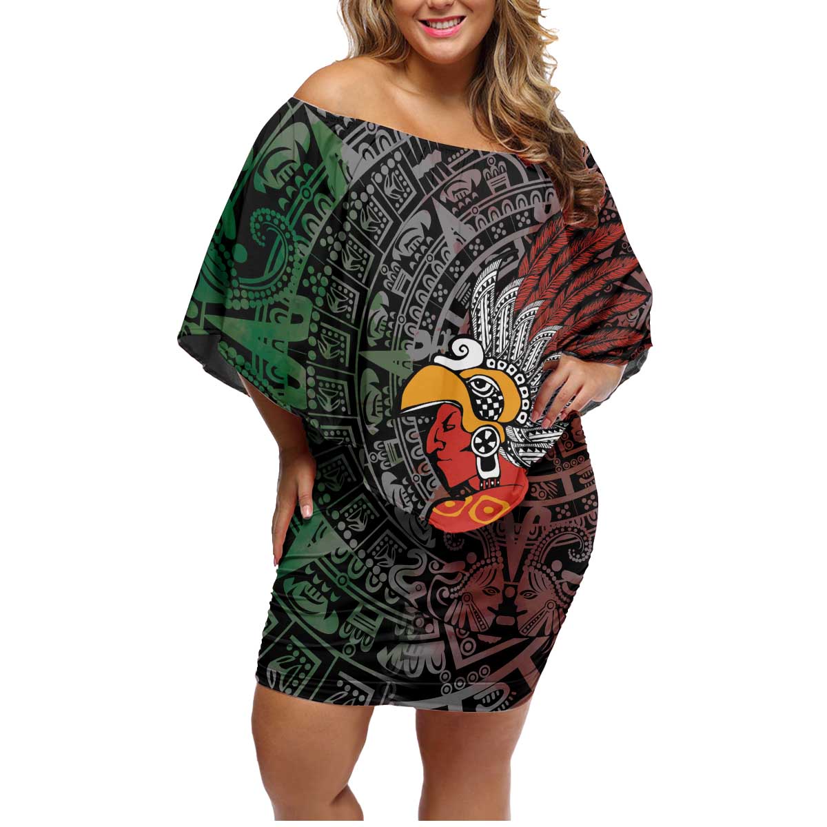 Personalized Mexican Tribal Aztec Warriors Family Matching Off Shoulder Short Dress and Hawaiian Shirt Aztec Sun God - Wonder Print Shop