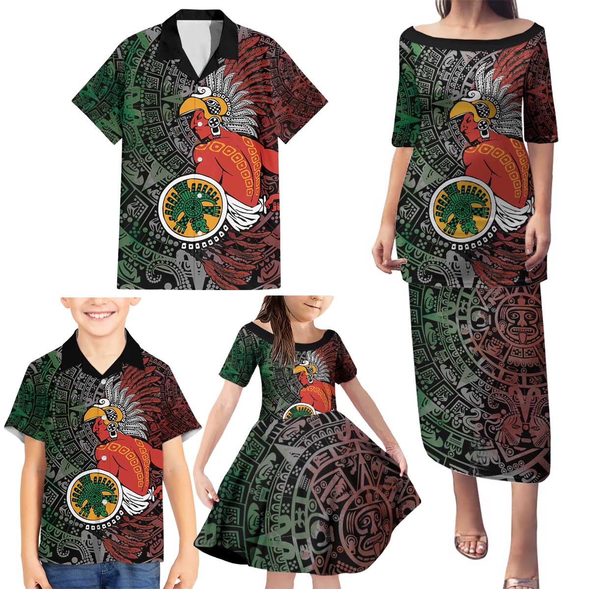 Personalized Mexican Tribal Aztec Warriors Family Matching Puletasi and Hawaiian Shirt Aztec Sun God - Wonder Print Shop