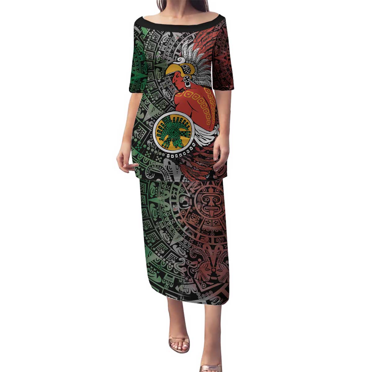 Personalized Mexican Tribal Aztec Warriors Family Matching Puletasi and Hawaiian Shirt Aztec Sun God - Wonder Print Shop