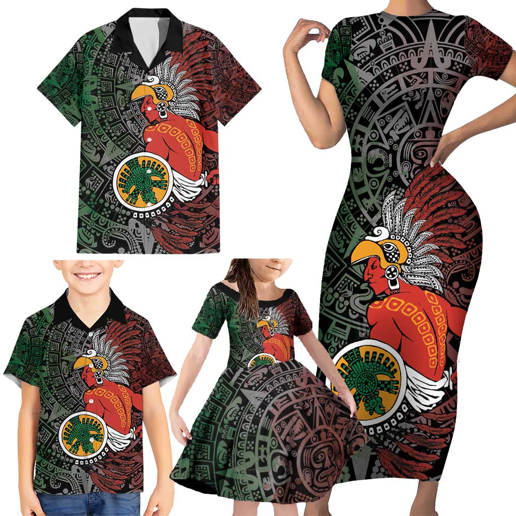 Personalized Mexican Tribal Aztec Warriors Family Matching Short Sleeve Bodycon Dress and Hawaiian Shirt Aztec Sun God - Wonder Print Shop