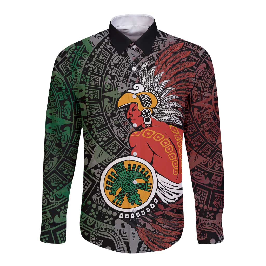 Personalized Mexican Tribal Aztec Warriors Long Sleeve Button Shirt Aztec Sun God - Wonder Print Shop