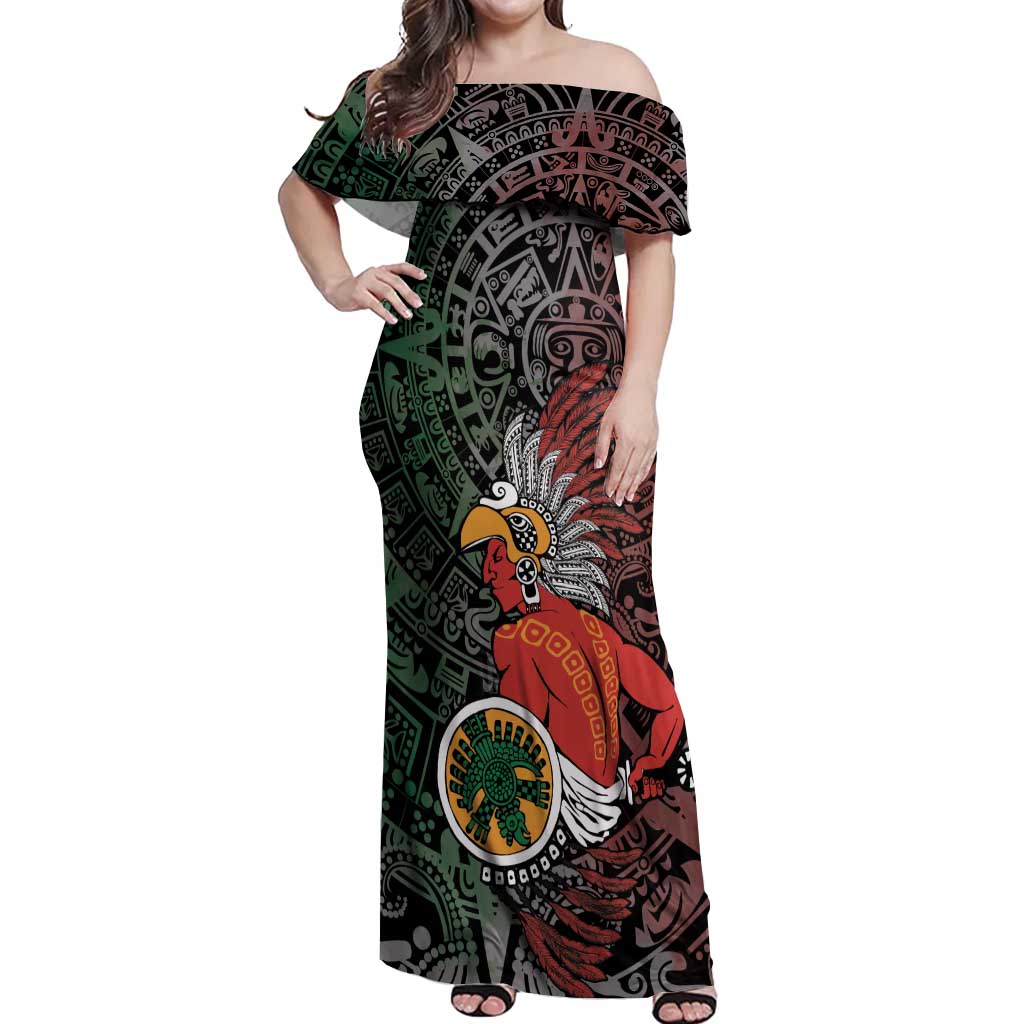 Personalized Mexican Tribal Aztec Warriors Off Shoulder Maxi Dress Aztec Sun God - Wonder Print Shop
