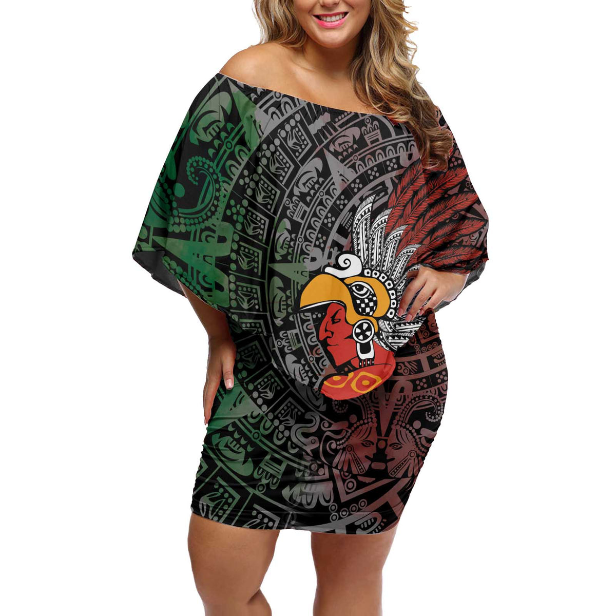 Personalized Mexican Tribal Aztec Warriors Off Shoulder Short Dress Aztec Sun God - Wonder Print Shop