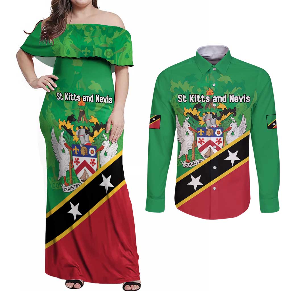 Personalized Saint Kitts And Nevis Couples Matching Off Shoulder Maxi Dress and Long Sleeve Button Shirt Country Above Self - Wonder Print Shop