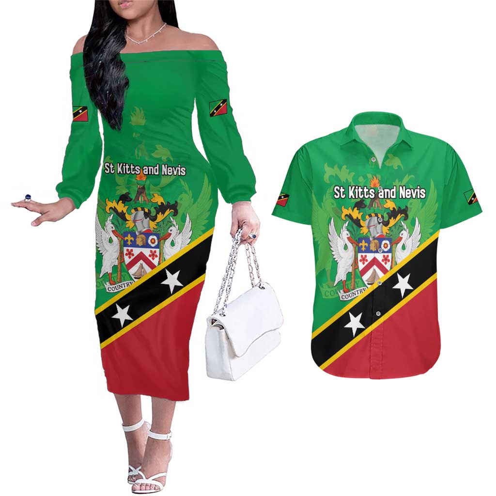 Personalized Saint Kitts And Nevis Couples Matching Off The Shoulder Long Sleeve Dress and Hawaiian Shirt Country Above Self - Wonder Print Shop
