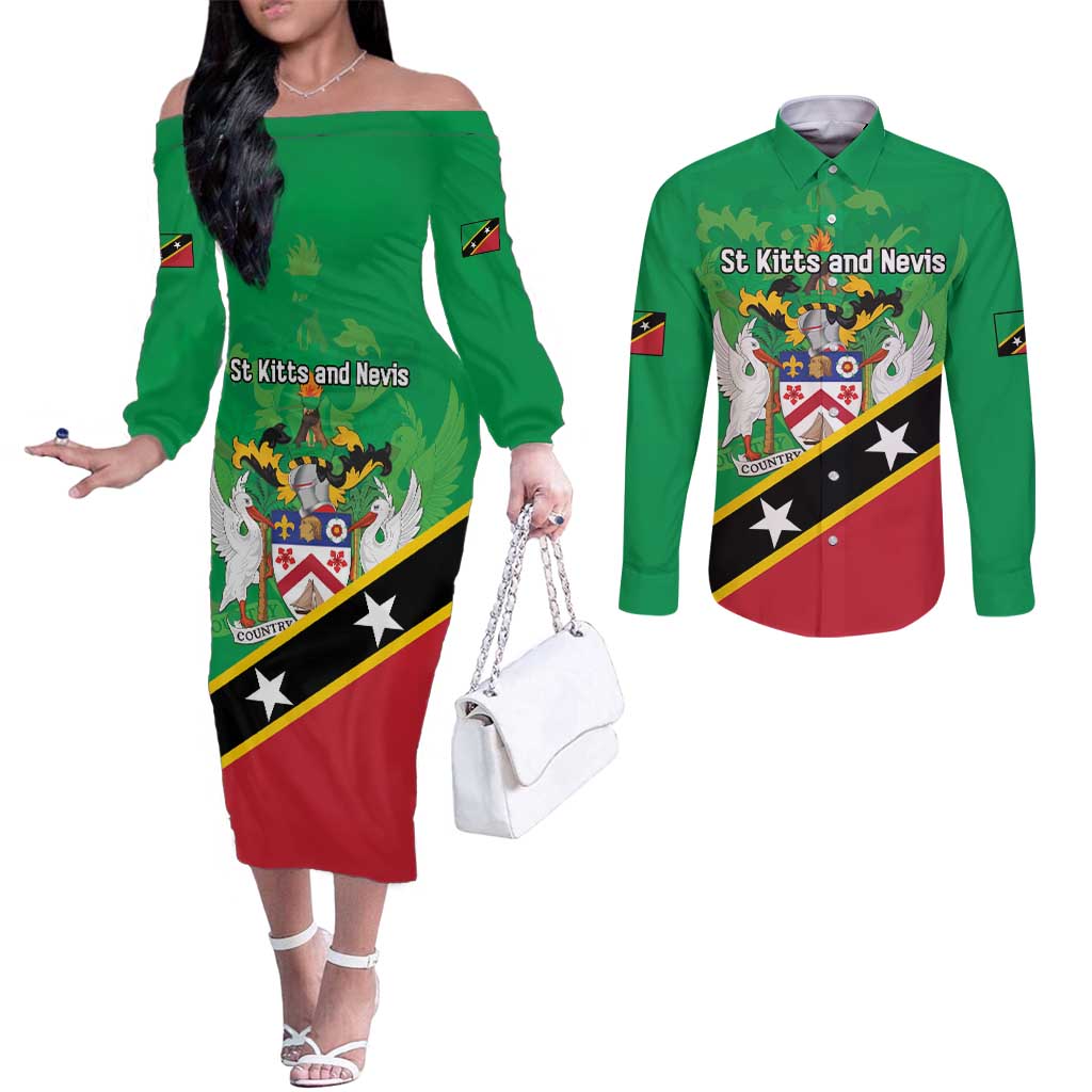 Personalized Saint Kitts And Nevis Couples Matching Off The Shoulder Long Sleeve Dress and Long Sleeve Button Shirt Country Above Self - Wonder Print Shop